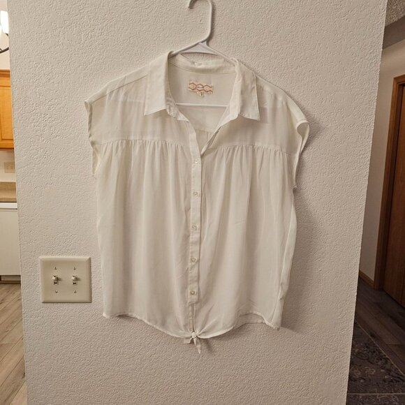 PINK ROSE Ladies Size Large - White Sheer Top - Tie at Waist - Button Front - Picture 2 of 7